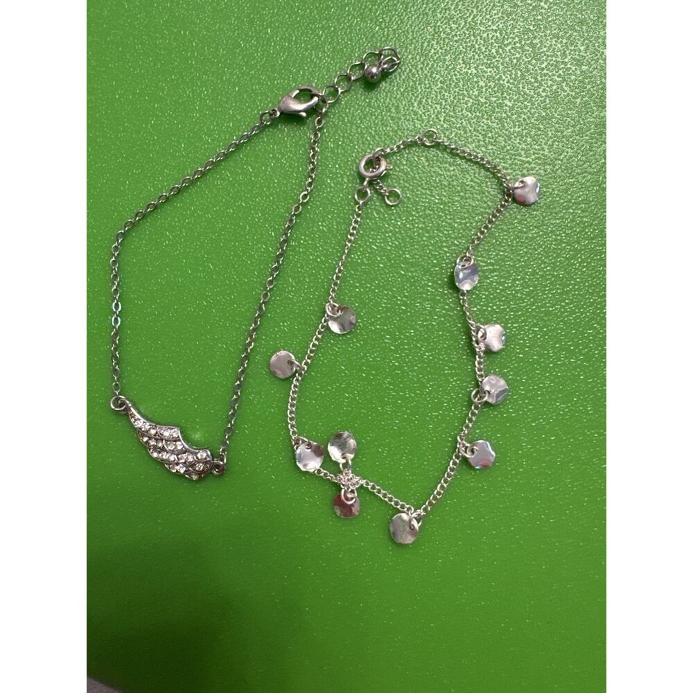 Lot of 2 Bracelets Charms Wing Costume Jewelry Layered Silver Rhinestone Trendy